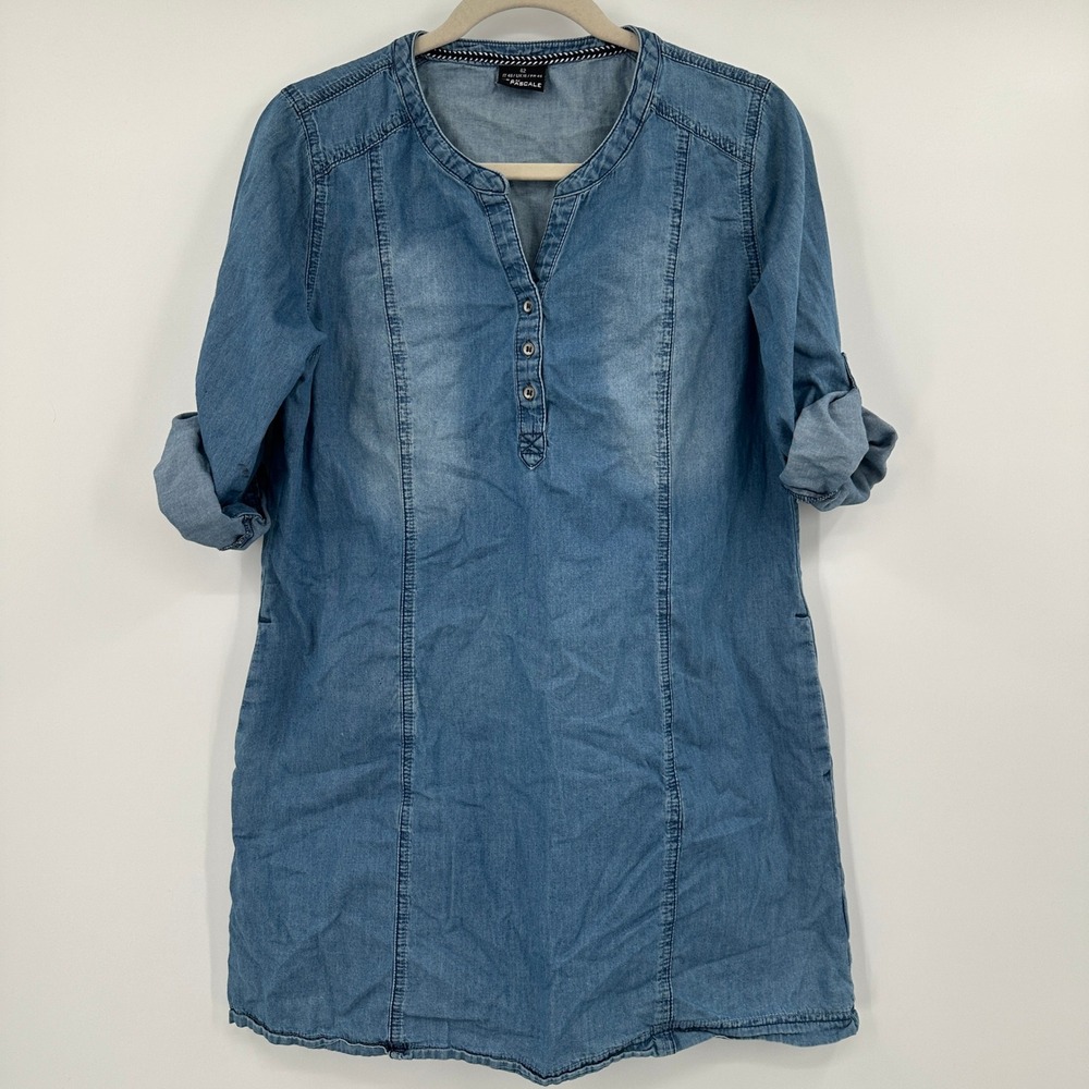 Jean Pascal Denim Tunic Dress Roll Tab Sleeves‎ V Neck Button Front